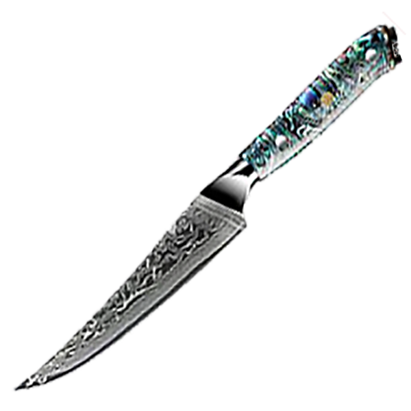 Awabi Steak Knife - Complete Knife with Abalone in Resin Handles and Mosaic Pin - AUS-10 Damascus Steel