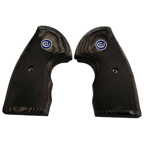 Python Grips, Colt Python 2020 Grips, Colt 2021 Anaconda Checkered Grips Black Rosewood Colt Logo Blue Medallion