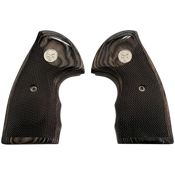 Python Grips, Colt Python 2020 Grips, Colt 2021 Anaconda Checkered Grips Black Rosewood Punisher Silver Medallion