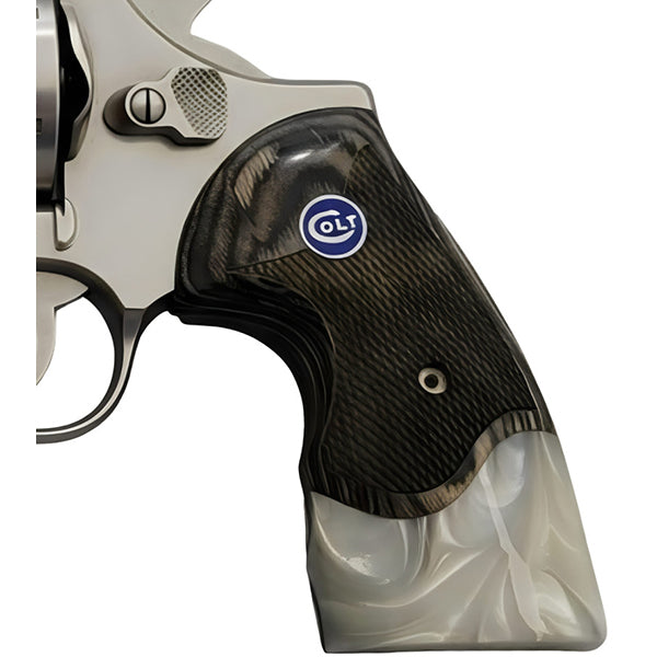 Python Grips, Colt Python 2020 Grips, Colt 2021 Anaconda Checkered Grips Black Rosewood with Pearl and Colt Logo Blue Medallion - WoodWorld of Texas