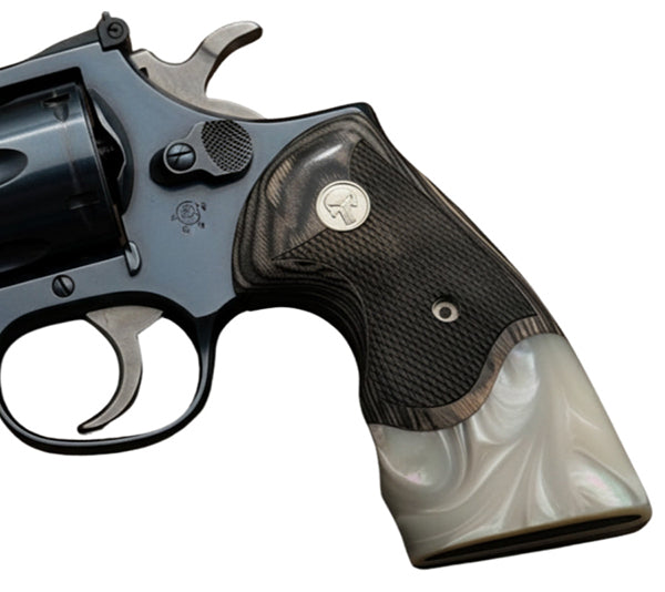 Python Grips, Colt Python 2020 Grips, Colt 2021 Anaconda Checkered Grips Black Rosewood with Pearl and Punisher Silver Medallion - WoodWorld of Texas