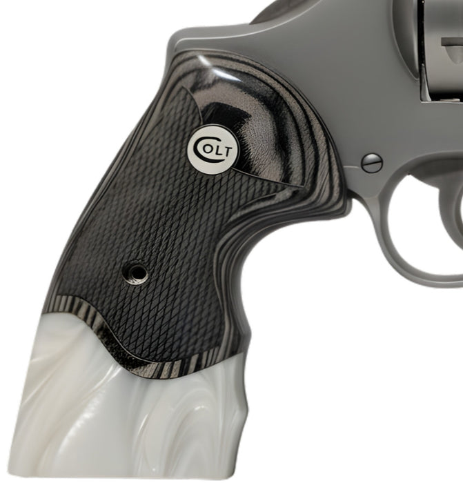 Python Grips, Colt Python 2020 Grips, Colt 2021 Anaconda Checkered Grips Black Rosewood with Pearl and Colt Logo White Medallion - WoodWorld of Texas