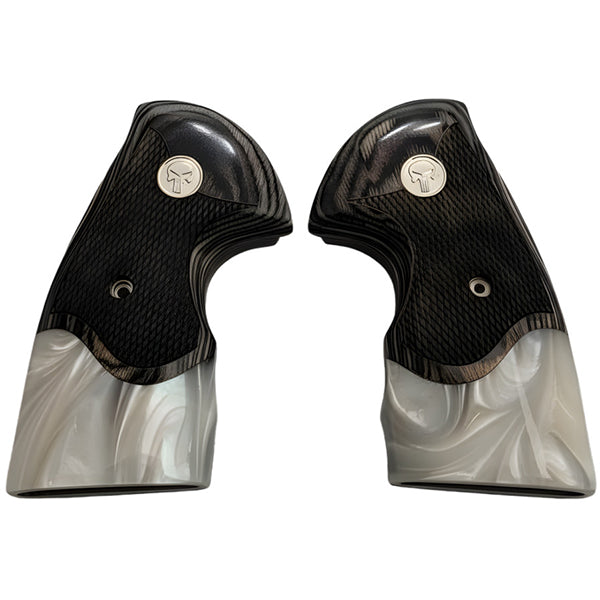 Python Grips, Colt Python 2020 Grips, Colt 2021 Anaconda Checkered Grips Black Rosewood with Pearl and Punisher Silver Medallion - WoodWorld of Texas