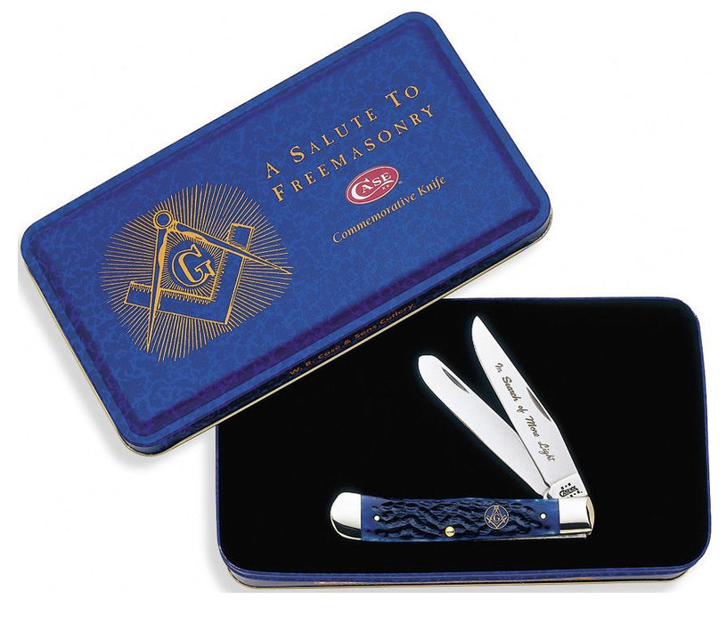 Case Cutlery Masonic Trapper Blue Jigged Bone Handle Stainless Steel Blades in Masonic Gift Tin.