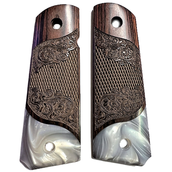 わん様用 1911 Full Size Checkered & Engraved Rosewood Grips w/ Acrylic Pearl