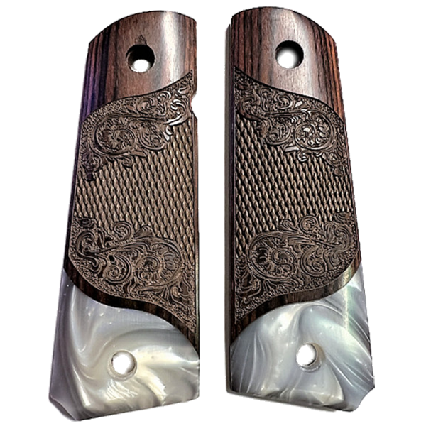**1911 Full Size Checkered & Engraved Rosewood Grips w/ Acrylic Pearl Accents - 1x