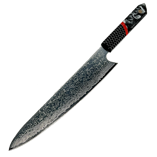 Tsunami Chef Knife Large 10" - Complete Knife with Honeycomb / Black & White Resin Octagonal Handles and Mosaic Pin - VG-10 Damascus Steel