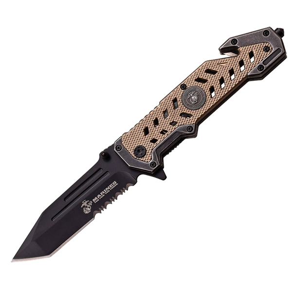 Marines Tanto  Blade Desert Tan Knife Limited Edition - Black Blade 4.00" Edge 1/2 Serrated - Mtech USA #2SW
