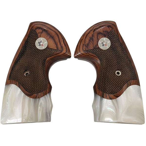 Colt Python Grips, Colt Python 2020 Grips, Colt 2021 Anaconda Checkered Grips Rosewood and Faux Mother of Pearl Texas Star