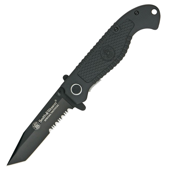 Smith & Wesson Special Tactical Linerlock 4 5/8" closed, 3 3/8" Blade. Partially serrated black finish stainless Tanto blade with dual thumb studs.