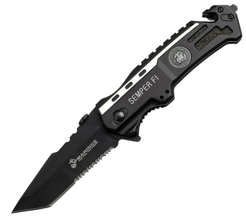 Marines" Rescue Knife Limited Edition - Black 3.5 Edge 1/2 Serrated - Mtech USA