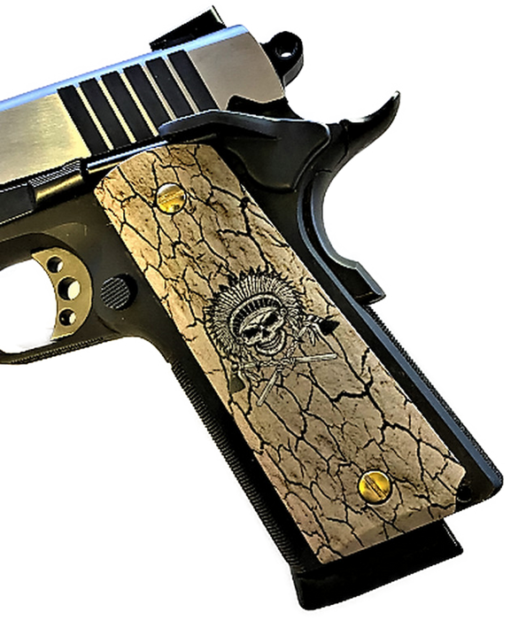 1911 Full Size Grips - UV of HD Image -  WARRIOR CHIEF SKULL s HD / UV Image Printed Over Wood