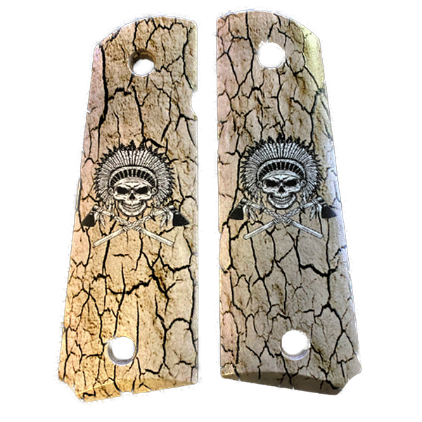 1911 Full Size Grips - UV of HD Image -  WARRIOR CHIEF SKULL s HD / UV Image Printed Over Wood