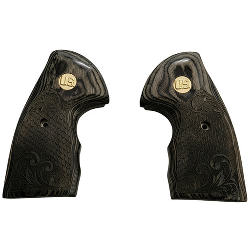 Python Grips, Colt Python 2020 Grips, Colt 2021 Anaconda Checkered Grips Dragon Scales Black Rosewood Dragon Scales with Scrollwork and U.S. Gold Medallion - WoodWorld of Texas