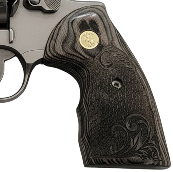 Python Grips, Colt Python 2020 Grips, Colt 2021 Anaconda Checkered Grips Dragon Scales Black Rosewood Dragon Scales with Scrollwork and Colt Rampant Horse Gold Medallion