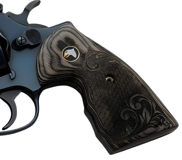 Python Grips, Colt Python 2020 Grips, Colt 2021 Anaconda Checkered Grips Dragon Scales Black Rosewood Dragon Scales with Scrollwork and Screaming Eagle Medallion - WoodWorld of Texas