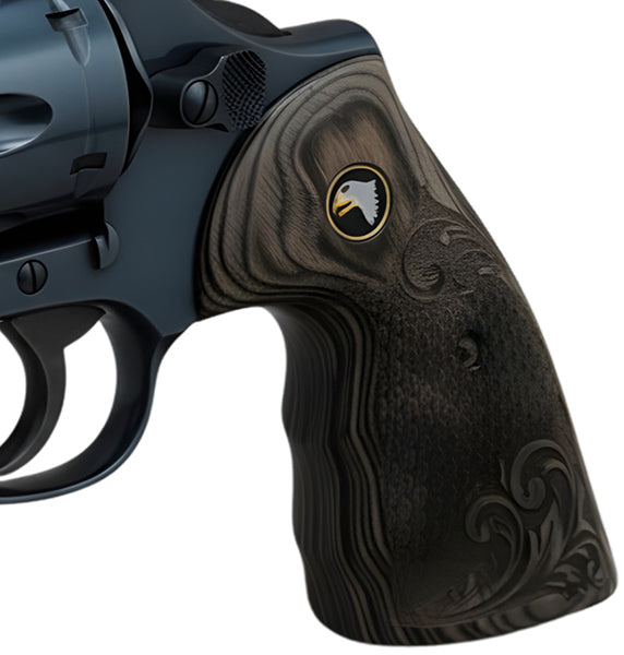Python Grips, Colt Python 2020 Grips, Colt 2021 Anaconda Checkered Grips Dragon Scales Black Rosewood Dragon Scales with Scrollwork and Screaming Eagle Medallion - WoodWorld of Texas