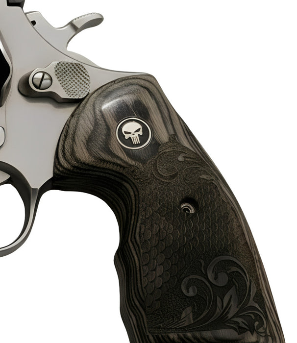 Python Grips, Colt Python 2020 Grips, Colt 2021 Anaconda Checkered Grips Dragon Scales Black Rosewood Dragon Scales with Scrollwork and Punisher Black Medallion