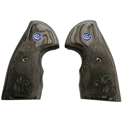 Python Grips, Colt Python 2020 Grips, Colt 2021 Anaconda Checkered Grips Dragon Scales Black Rosewood Dragon Scales with Scrollwork and Colt Logo Blue Medallion - WoodWorld of Texas