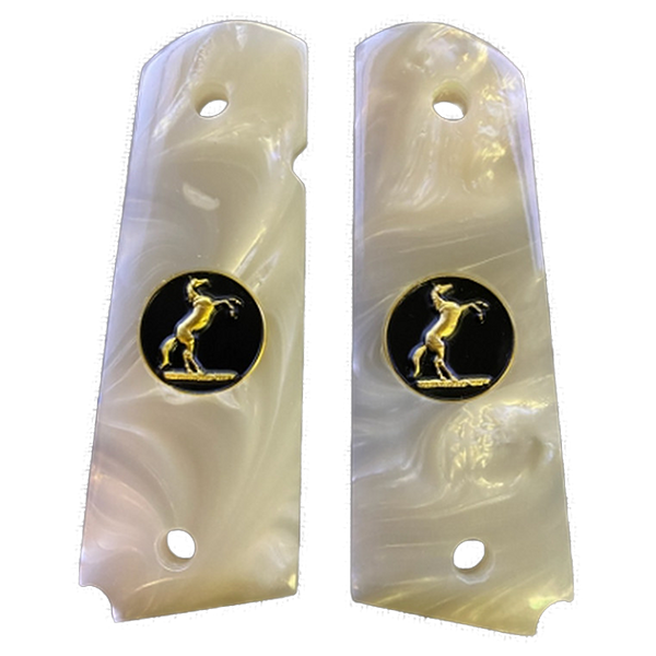 1911 Full Size Acrylic Faux Pearl Grips  w/ Black and Gold Trophy Horse - Ambi-Cut