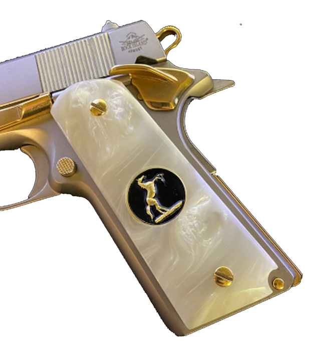 1911 Full Size Grips – White Pearl With Gold Horse For Colt, Kimber, Springfield .45 ACP