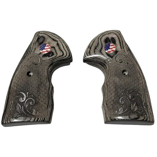 Python Grips, Colt Python 2020 Grips, Colt 2021 Anaconda Checkered Grips Dragon Scales Black Rosewood Dragon Scales with Scrollwork and US Flag - WoodWorld of Texas