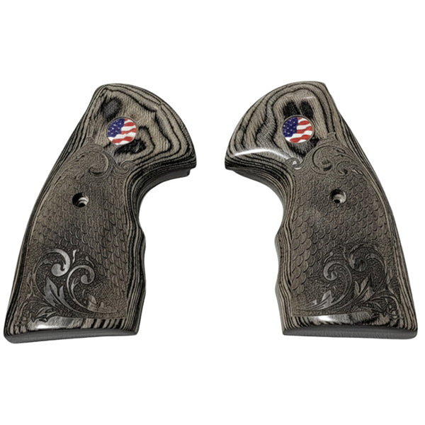 Python Grips, Colt Python 2020 Grips, Colt 2021 Anaconda Checkered Grips Dragon Scales Black Rosewood Dragon Scales with Scrollwork and US Flag - WoodWorld of Texas