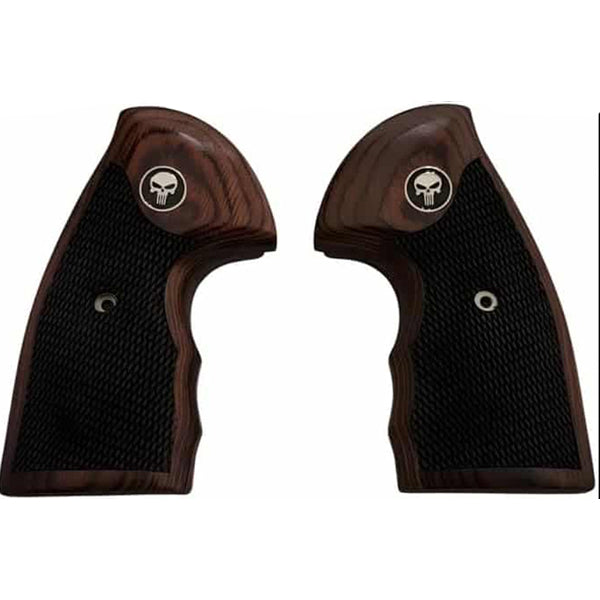 Colt Python Grips, Colt Python 2020 Grips, Colt 2021 Anaconda Checkered Grips Rosewood Punisher Black Medallion