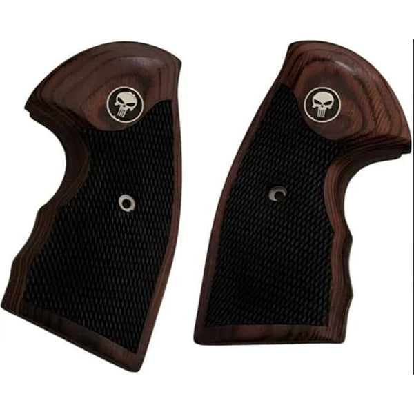 Colt Python Grips, Colt Python 2020 Grips, Colt 2021 Anaconda Checkered Grips Rosewood Punisher Black Medallion