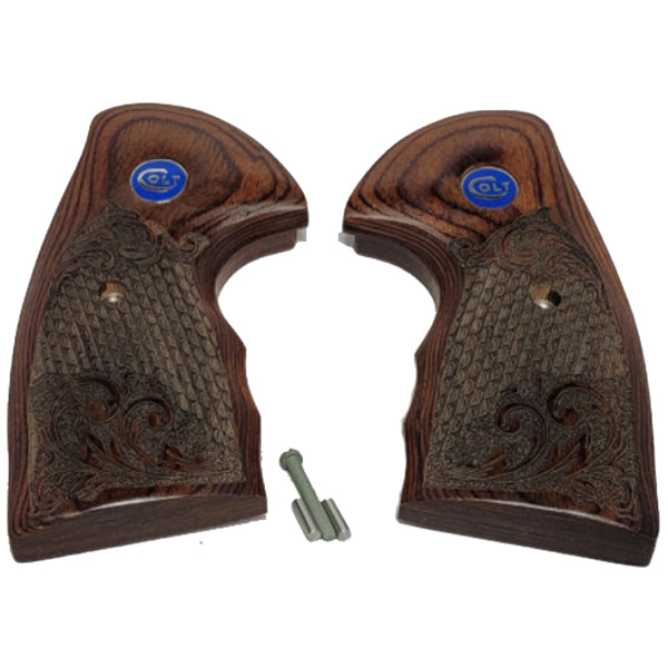 Colt Python Grips, Colt Python 2020, Colt 2021 Anaconda Grip Rosewood with Dragon Scales and Colt Logo Blue Medallion