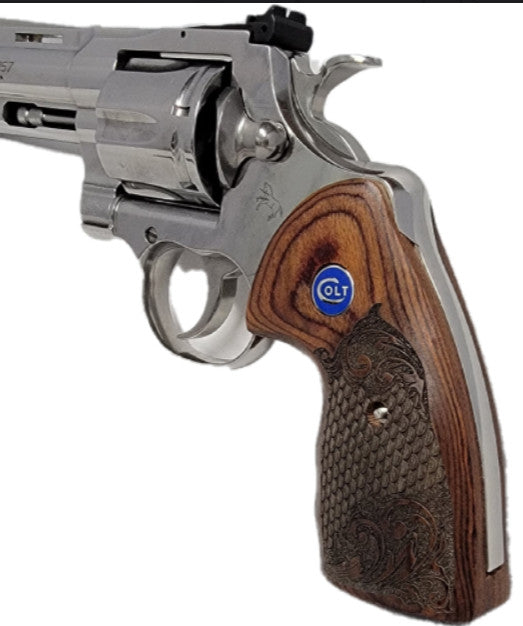 Colt Python Grips, Colt Python 2020, Colt 2021 Anaconda Grip Rosewood with Dragon Scales and Colt Logo Blue Medallion