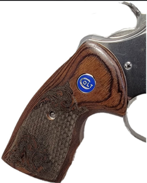 Colt Python Grips, Colt Python 2020, Colt 2021 Anaconda Grip Rosewood with Dragon Scales and Colt Logo Blue Medallion