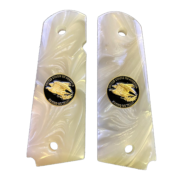 1911 Full Size Acrylic Faux Pearl Grips  w/ Black and Gold Eagle - Ambi-Cut