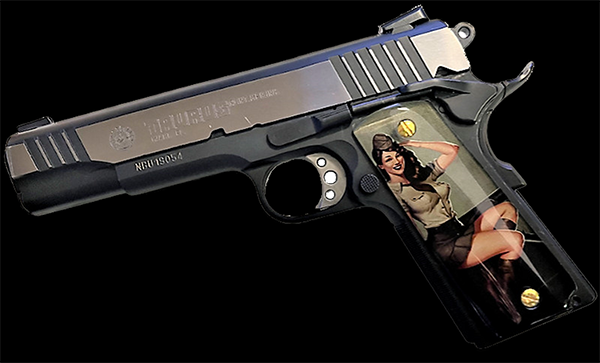 1911 FULL SIZE GRIPS - UV OF HD IMAGE - Pin Up Tanker Girl HD / UV IMAGE PRINTED  on the back - Ambi cut