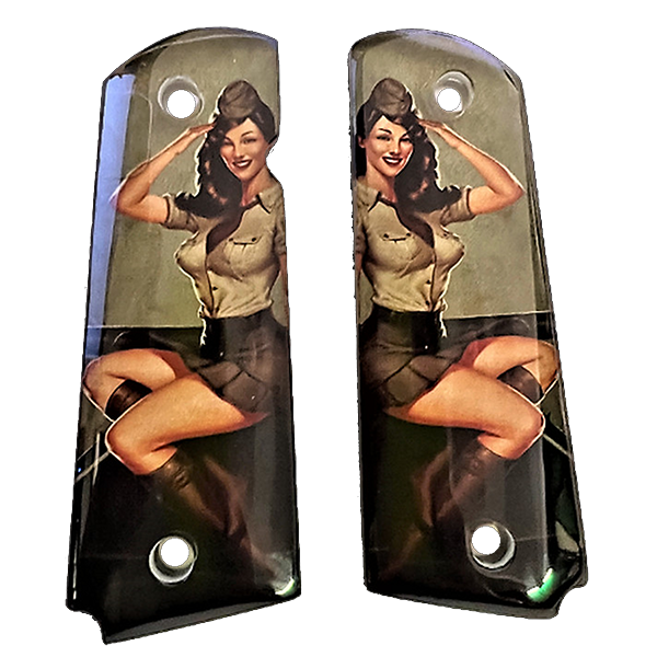 1911 FULL SIZE GRIPS - UV OF HD IMAGE - Pin Up Tanker Girl HD / UV IMAGE PRINTED  on the back - Ambi cut
