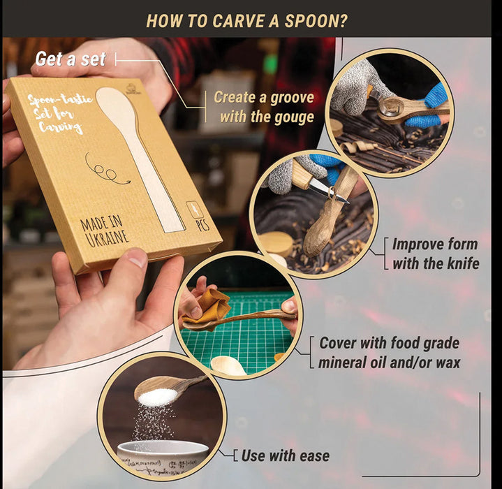 4 pc Spoon Carving Set (Basswood, Cherry, Mulberry, Euro Walnut) 6.5" L