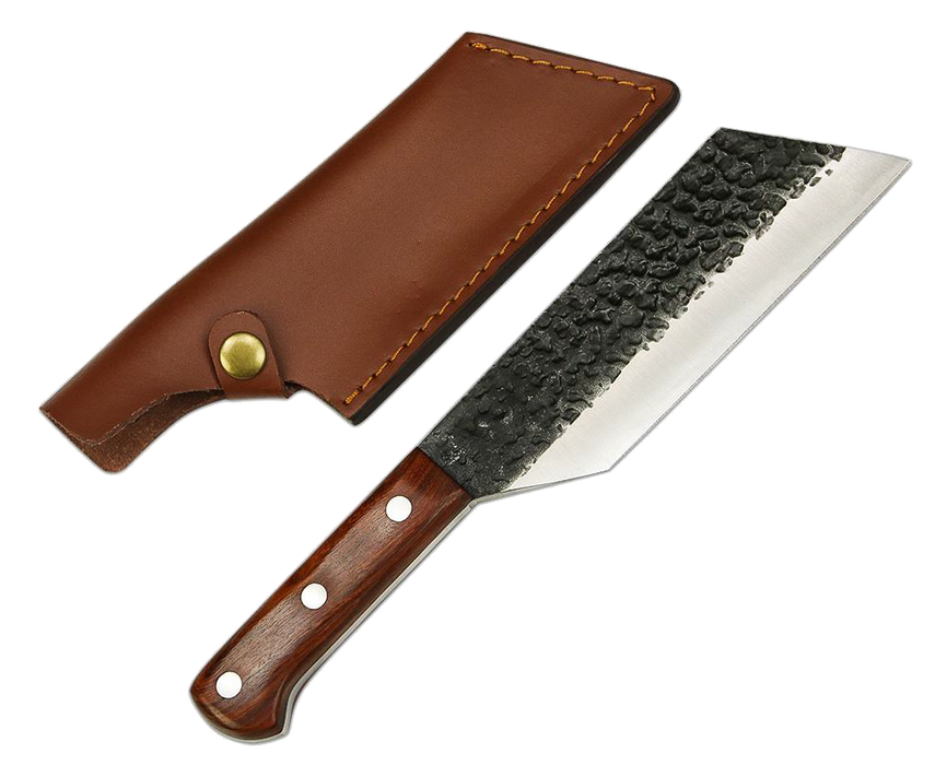 Tejas BBQ Slicer Hammered 5cr15mov Stainless Steel with Rosewood Handle with Leather Sheath - 7"