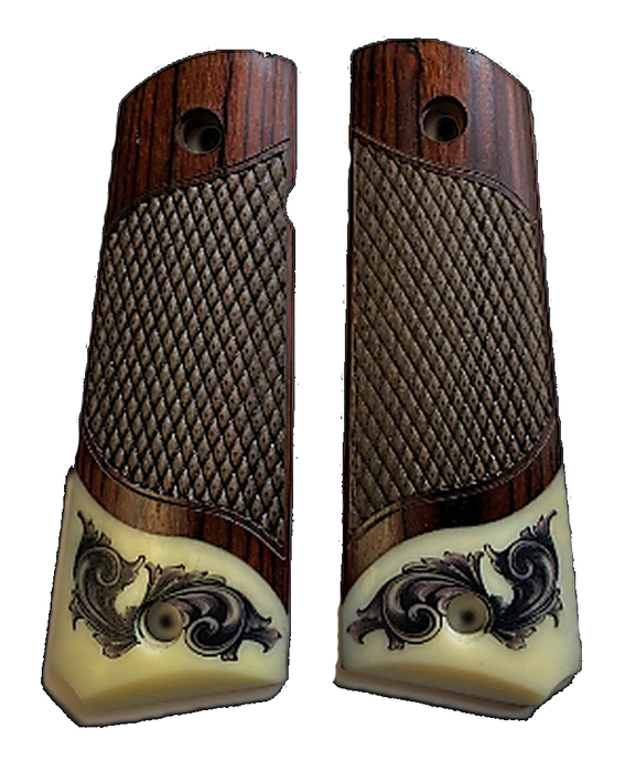 1911 Full Size Checkered Rosewood Grips Ivory Accent w/ Faux Scrimshaw