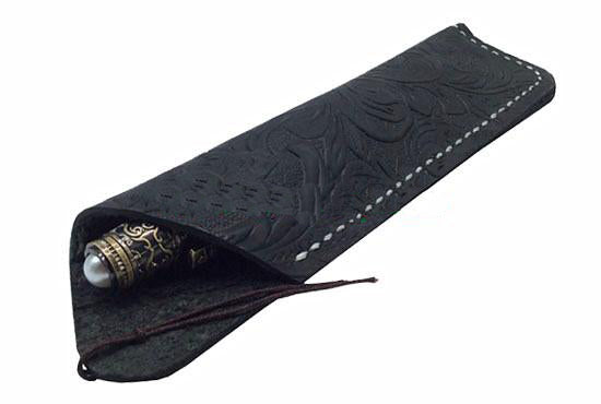 Texas Style Pen Sleeve - Handmade Leather Tooled Design - Dusky Black