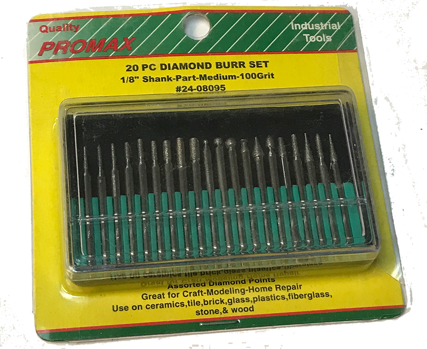 Diamond Burr Set - 1/8" (3.2mm) Shank  - Medium 100 Grit - 20 pc - Promax #25-08095