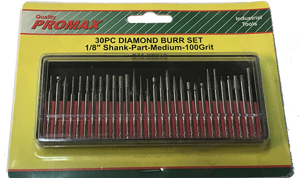 Diamond Burr Set - 1/8" (3.2mm) Shank - Medium 100 Grit - 30 pc - Promax #24-08075