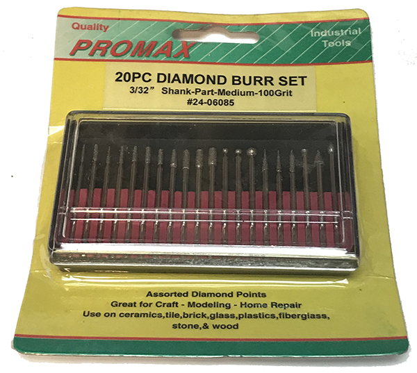 Diamond Burr Set - 3/32" (2.5mm) Shank - Medium 100 Grit - 20 pc - Promax #24-06085