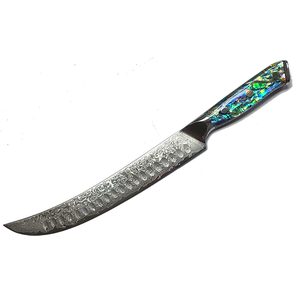 Awabi Butcher Knife - Complete Knife with Abalone in Resin Handles and Mosaic Pin - AUS-10 Damascus Steel