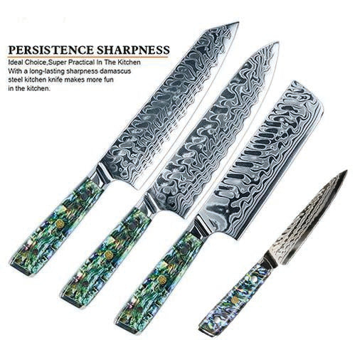 **Awabi Complete Kitchen Knife 4 pc Set -  with Abalone in Resin Handles and Mosaic Pin - AUS-10 Damascus Steel