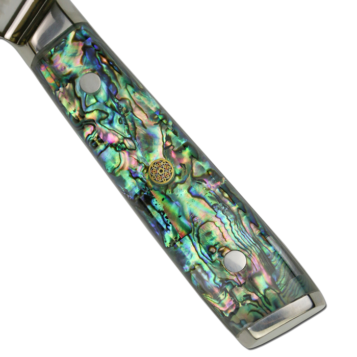 **Awabi Complete Kitchen Knife 5 pc Set -  with Abalone in Resin Handles and Mosaic Pin - AUS-10 Damascus Steel