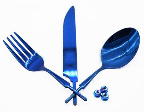 S.S Flatware Set with Magic Blue TN plating. - WoodWorld of Texas