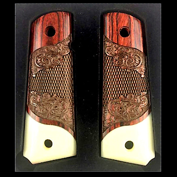 **1911 Full Size Checkered & Engraved Rosewood Grips w/ Acrylic Ivory Accents - 1x