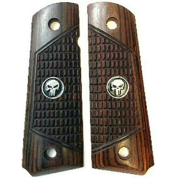 1911 Full Size Checkered Rosewood Combat Grips w/ Punisher Black & Silver Medallion