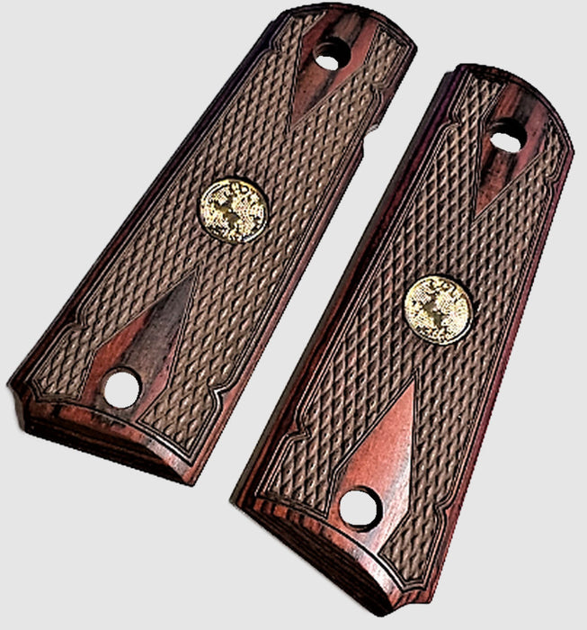 1911 Full Size Double Diamond Checkered Rosewood Grips w/ Colt Rampant Horse Medallion Gold
