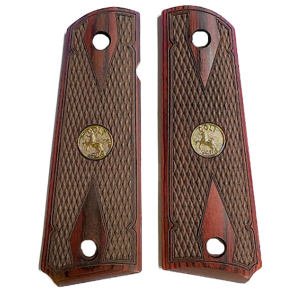 1911 Full Size Double Diamond Checkered Rosewood Grips w/ Colt Rampant Horse Medallion Gold